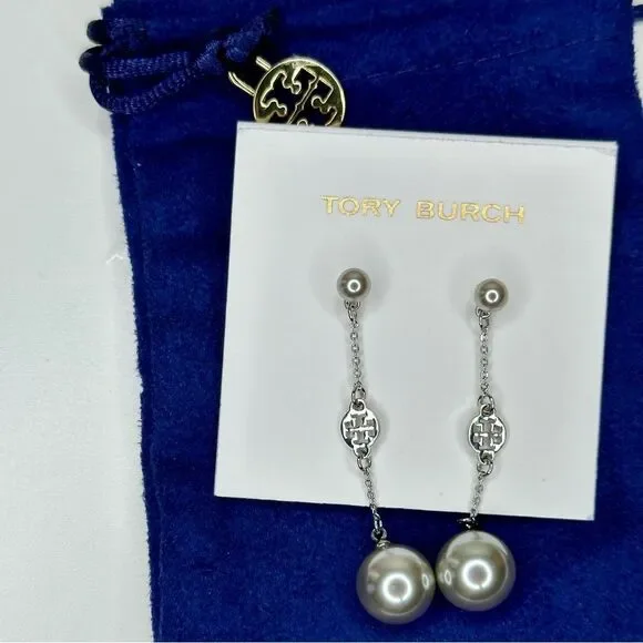 Tory Burch Silver Logo Dangle Pearl Drop Earrings - Elegant Minimalist Jewelry - Picture 2 of 6